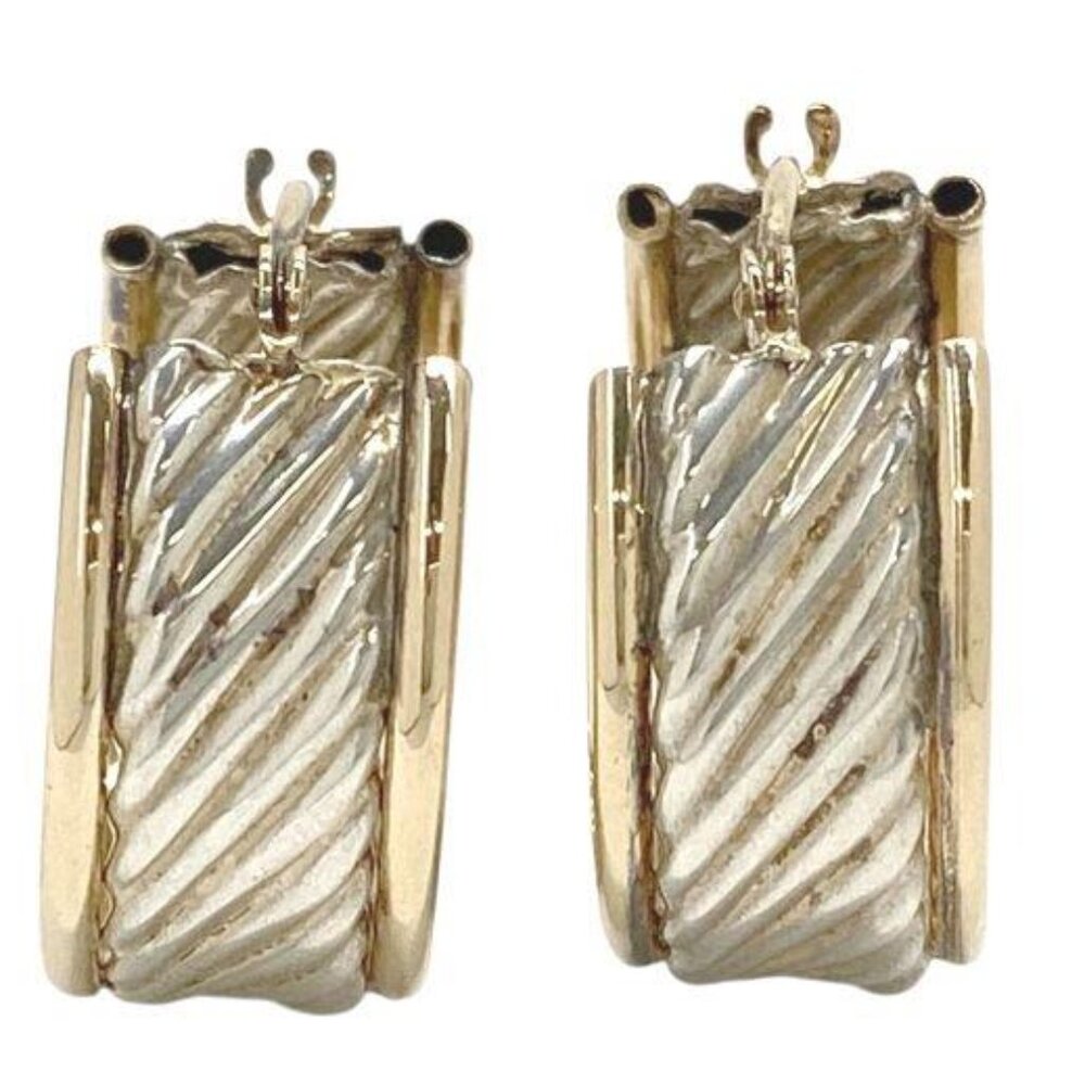 Wide 14K Yellow Gold Framed Sterling Silver Corrugated Hoop Earrings 2.6 Grams